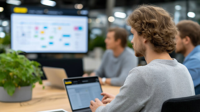 Contemporary workplace with team of creative professionals brainstorming around large meeting table, product launch roadmap on screen, body language and gestures focus, no faces shown