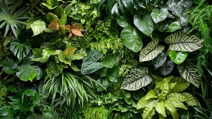 Lush green vertical garden showcasing a diverse array of plant species