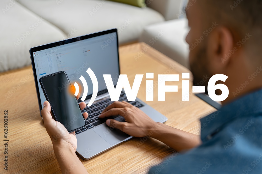 Poster man hand using a smartphone with new wifi 6, wi-fi 6 is the next generation wi-fi connectivity with 