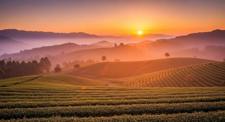 Fototapeta premium Breathtaking Sunrise Over Lush Green Tea Plantations on Rolling Hills