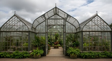 "Expansive Victorian Glasshouse Complex Filled with Exotic Flora and Architectural Grandeur"