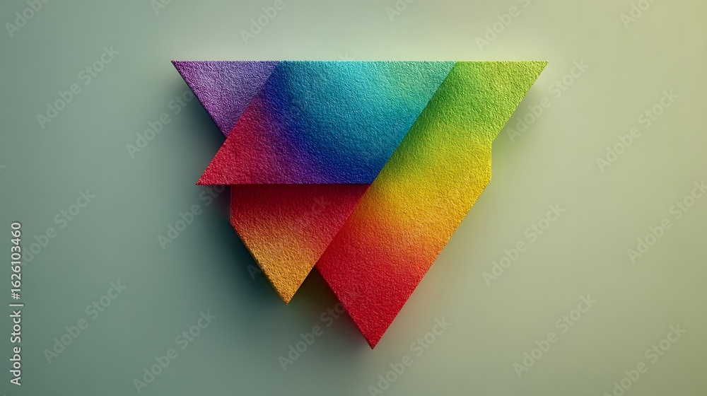 Poster colorful overlapping triangles on a muted background.