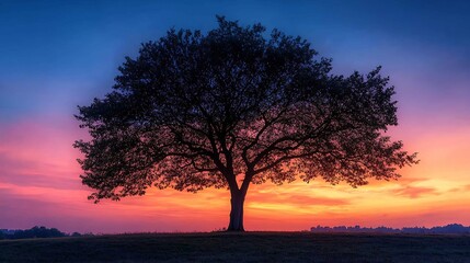 A silhouette of a tree against a vibrant sunset sky with colors of orange pink and blue hues filling the sky