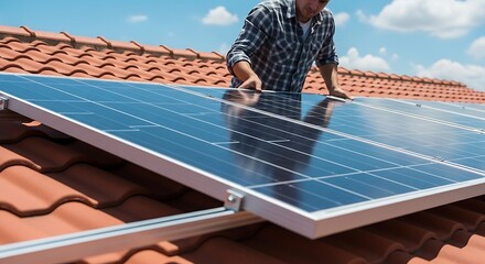 Man installing solar panels on terracotta roof installation