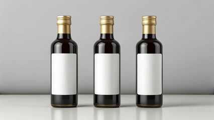 Three identical glass bottles with blank labels and gold caps
