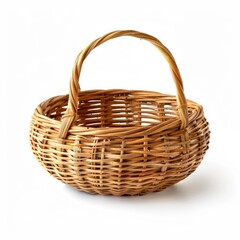 Empty shallow round wicker basket with handle