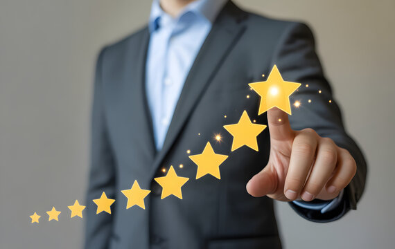 Quality Assessment: A businessman in a smart suit assesses quality, the hand selects the five-star ranking, indicating his determination to deliver exceptional service. 