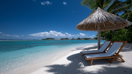 Idyllic tropical beach scene featuring wooden deck chairs with white canvas under straw umbrella, turquoise sea, golden sand, and lush palm trees in a serene summer holiday view