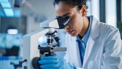 Scientist intently views a specimen through a microscope in a lab setting