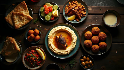 Top-down view of a dark rustic dining table at night, warmly lit by soft ambient lighting or overhead pendant light. In the center, a ceramic plate with creamy humus swirled with olive oil and paprika