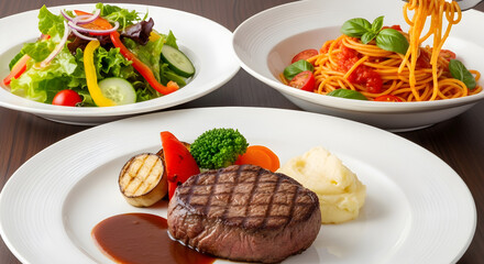 Gourmet Dinner Set with Grilled Steak Pasta and Fresh Salad