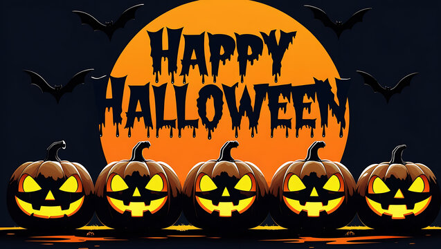 Five Jack O Lanterns With Bats And Happy Halloween Text - Powered by Adobe