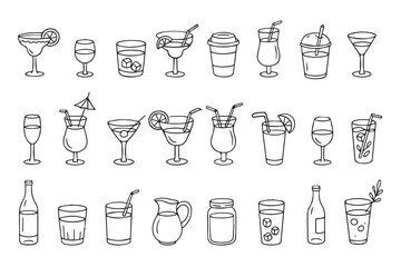 Drink glass icons of various shapes and purposes. Set of classic cocktail and cocktail glass icons with thin line. Various glasses in doodle style.