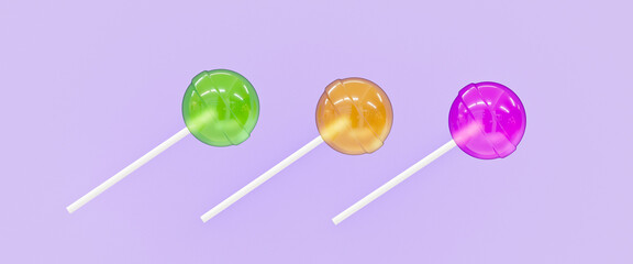 Set of three colorful sweet lollipops isolated on purple background, 3d render.