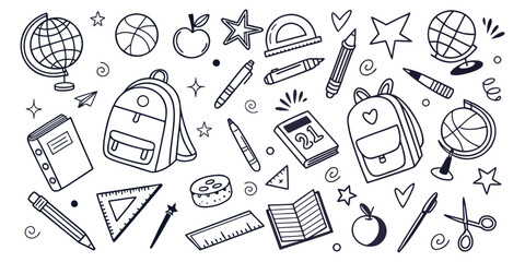 Hand-drawn vector doodle sketch set of back-to-school icons and symbols