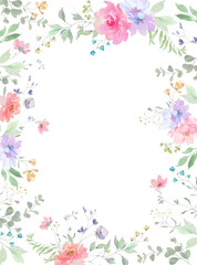  Watercolor frame with painted flowers, eucalypt leaves, wildflowers, herbs. Hand drawn floral illustration. Vector EPS.
