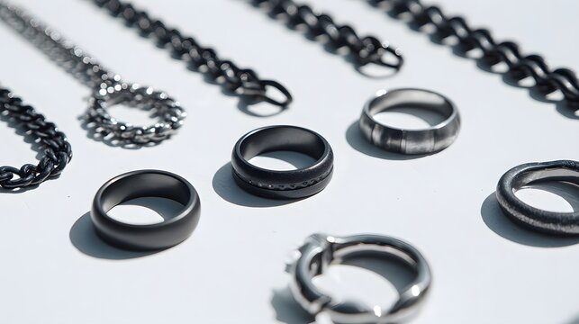 Modern mens jewelry collection black steel rings leather bands chain necklaces positioned symmetrically on a clean white backdrop with crisp shadows