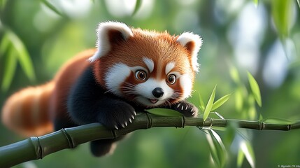 Adorable Red Panda Playing on Bamboo in a Lush Green Environment