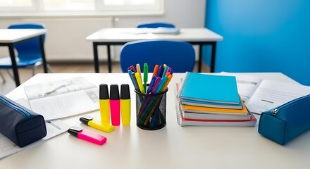 A classroom desk with school supplies including pens highlighters and notebooks ready for learning