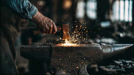 Skilled Artisan Blacksmith Forging Metal with Hammer on Anvil in Workshop Creating Sparks and Glowing Heat Light in a Rustic Environment