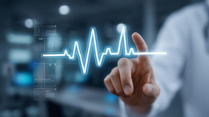 Professional Cardiologist Analyzing ECG Data with Floating Heartbeat Visualization in Modern Medical Environment