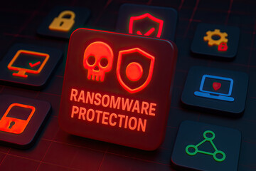 Ransomware protection concept with glowing red skull and shield icons on digital security interface, emphasizing cyber threat defense and data safety in technology environment