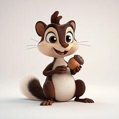 Cute Cartoon Squirrel Holding Acorn in Cheerful Pose