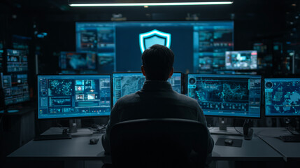 Cybersecurity Expert Monitoring Network Threats in a High-Tech Control Room with Multiple Screens and Advanced Technology