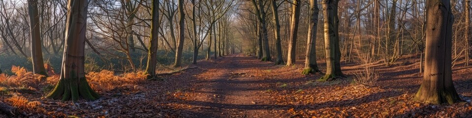 Obraz premium A quiet woodland path surrounded by trees basking in the soft golden light of the solstice, with shadows cast over the forest floor.