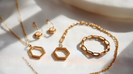 Modern minimalist jewelry set including geometric gold earrings dainty bracelets layered chains showcased on white background with soft diffused shadows