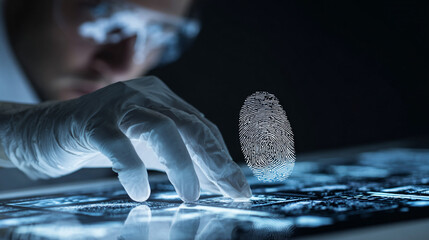 Forensic Scientist Analyzing Digital Evidence with Fingerprint Overlay in Modern Laboratory Environment