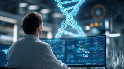 Geneticist Analyzing DNA Sequences on Multiple Screens in a High-Tech Laboratory Environment with 3D DNA Model