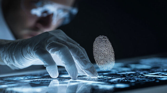 Forensic Scientist Analyzing Digital Evidence with Fingerprint Overlay in Modern Laboratory Environment