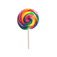 A vibrant, round, swirl-patterned lollipop on a stick.  Colorful rainbow hues spiral around a central point, creating a visually appealing confection.  The lollipop's surface appears smooth and glossy