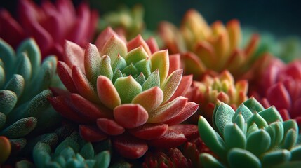 Succulent Spectacle: An array of vibrant succulents showcases nature's artistry, with colorful leaves in shades of green, red, and orange, demonstrating the beauty of these drought-tolerant plants.
