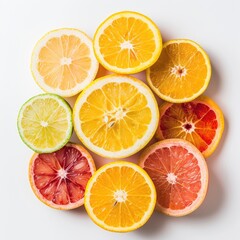 Citrus slices arranged in a circle on white background