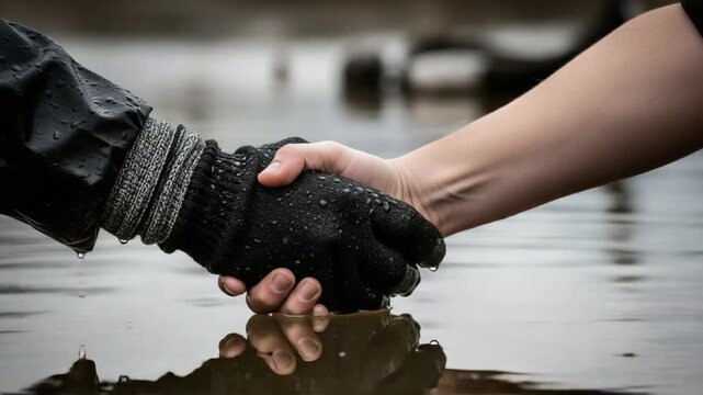 A person's gloved hand grasps another's bare hand, offering help and support over murky water.