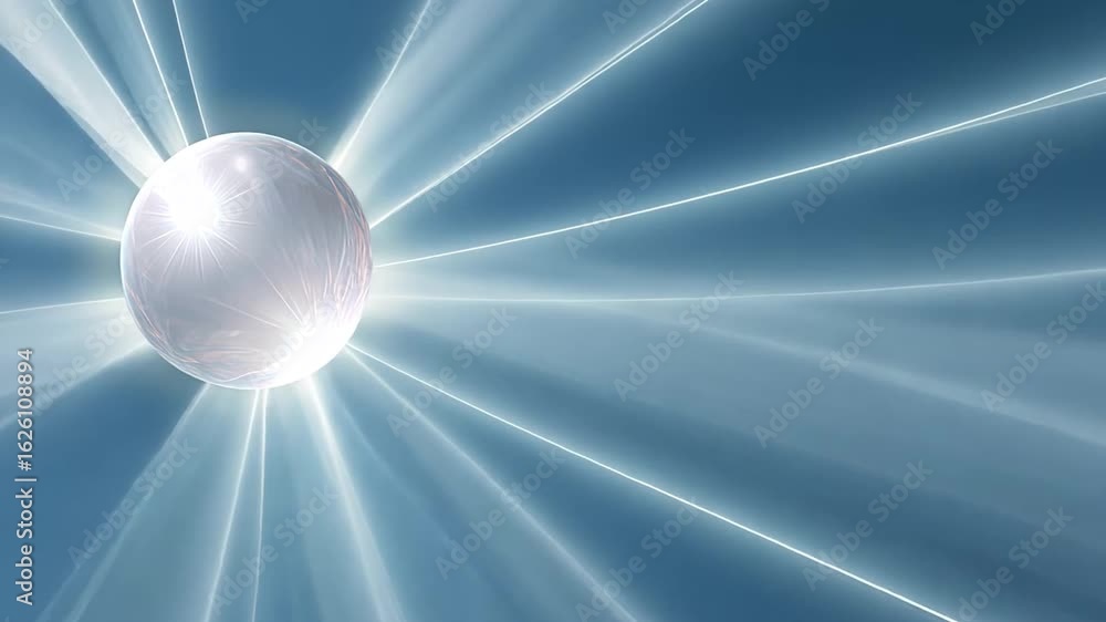 Poster luminous sphere emits radiant beams of light, creating mesmerizing visual effect against soft blue b