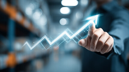 Business Professional Analyzing Supply Chain Demand Forecasting with Growth Graph and Warehouse Background