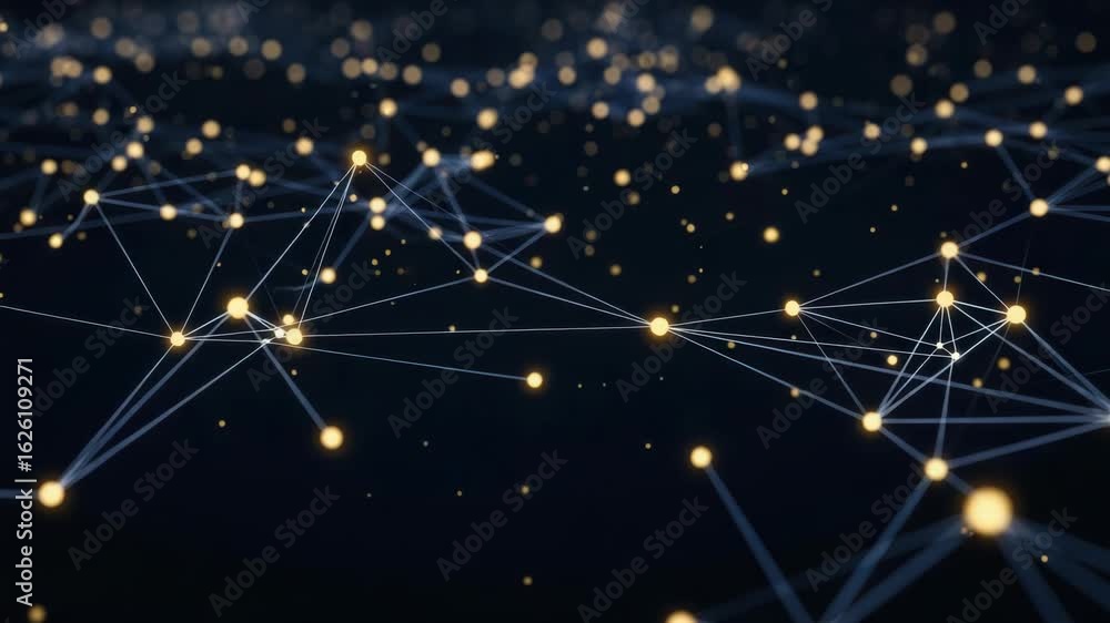 Poster a glowing network of interconnected nodes and lines creates a futuristic digital web against a dark,