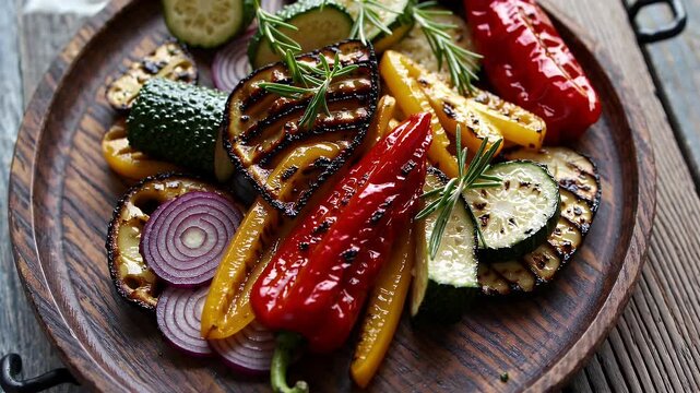 A mouthwatering 4K close up scene grilled vegetables including peppers onions sizzling flavor garnished bs ideal culinary content healthy cooking tutorials food themed