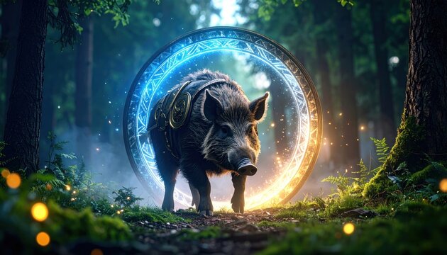 Mystical Boar in Forest with Magic Portal, Fantasy, and Nature Background. - Powered by Adobe