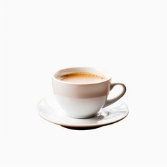 White coffee cup filled with light brown liquid, on a saucer