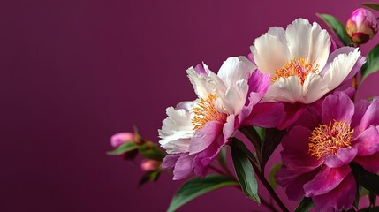 Vibrant White and Pink Peonies Blooming on Purple Background