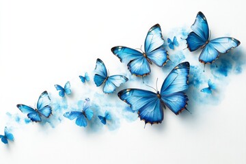 Blue butterfly flying on white background. Beautiful background for greeting card for Birthday, Wedding, Mother's day, Women's day