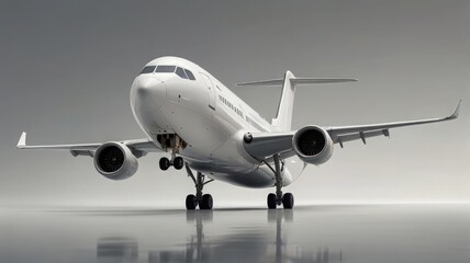 Obraz premium A white passenger airplane is shown on a reflective surface, facing the viewer.
