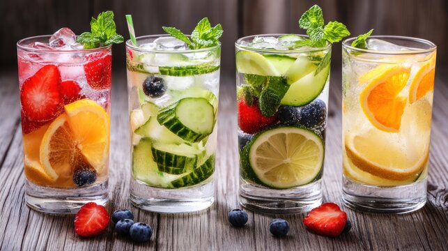 Refreshing summer drinks assortment with natural fruits and herbs infusion