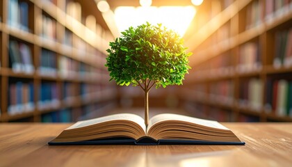 A symbolic tree of knowledge growing from an open book on a wooden table in a library, representing wisdom and educational growth.