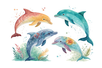 set of watercolor dolphin vector illustration isolated on white background © Tanvir Rana