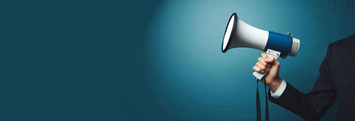 Hand with a megaphone on a blue background.